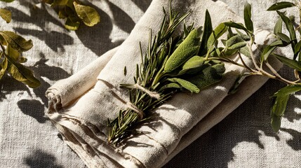 Flat lay of folded cream napkin, fresh herbs, and linen runner under midday sun
