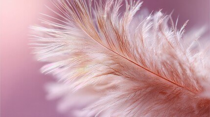 Obraz premium Delicate feather close up reveals intricate details against a soft pink and light backdrop, showcasing texture