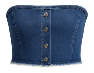 Denim strapless crop top with button front and frayed hemline