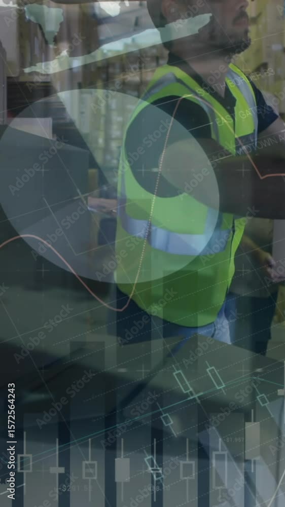 Poster animation of data processing over man packing boxes into car