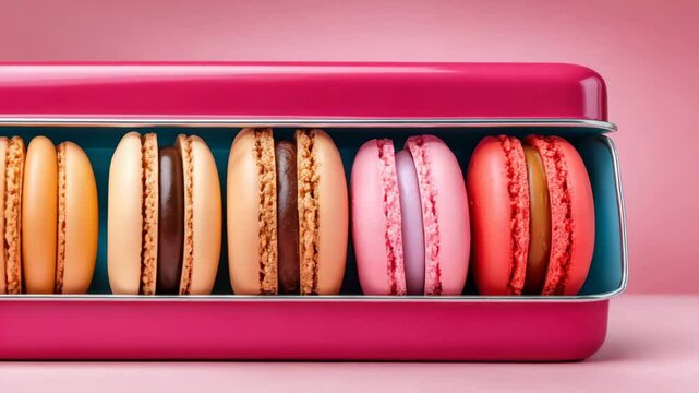 A row of colorful French macarons in a stylish pink box. Ideal for culinary blogs, pastry shop advertising and gifts. Great for use in dessert and coffee shop advertising.