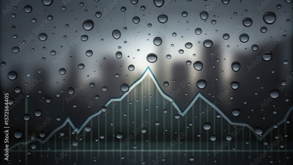 Poster financial chart with rain drops on window creating a blurred effect