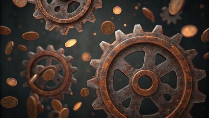 Fototapeta premium Macro View of Gears and Coins Falling in a Dark Industrial Scene