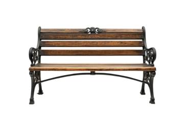 Park bench made of weathered wood with ornate metal details