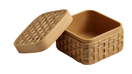 Handwoven bamboo basket, removable lid, traditional basketweave craftsmanship, sustainable home storage and organization, transparent png.