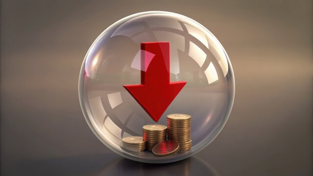 Red Arrow Inside Glass Sphere Reflecting Downward on Coins