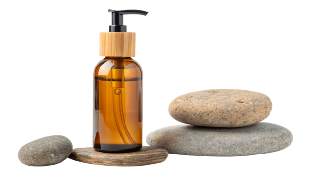 Amber glass bottle with pump and stones for aromatherapy essential oils and natural skincare products