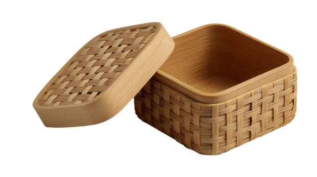 Handwoven bamboo basket, removable lid, traditional basketweave craftsmanship, sustainable home storage and organization, transparent png.