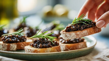Flat lay of hand spreading tapenade on toast, olive green accents and cream tablecloth underneath