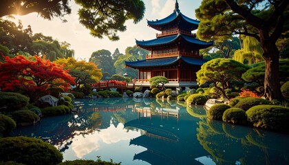 Serene Autumn Reflection in a Chinese Garden