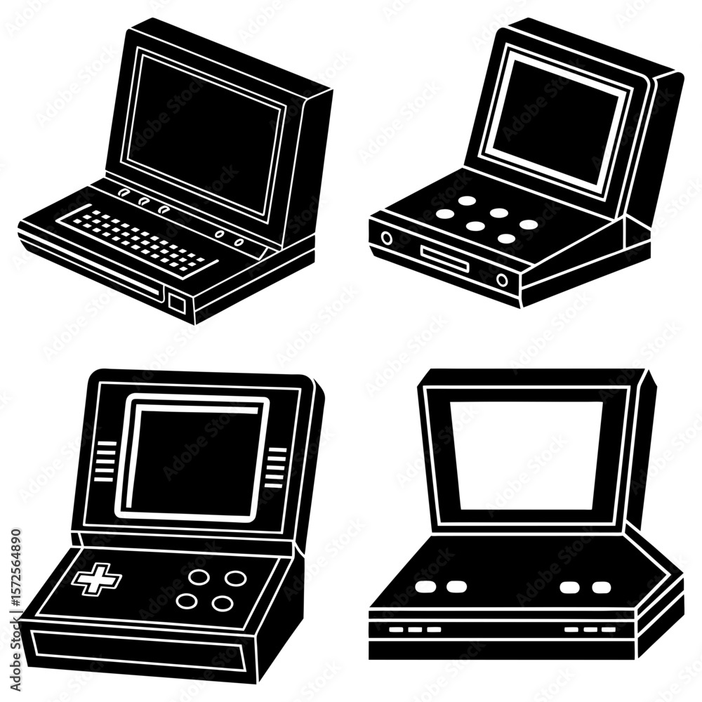 Fototapete four black and white retro gaming consoles with screens and button configurations are displayed here