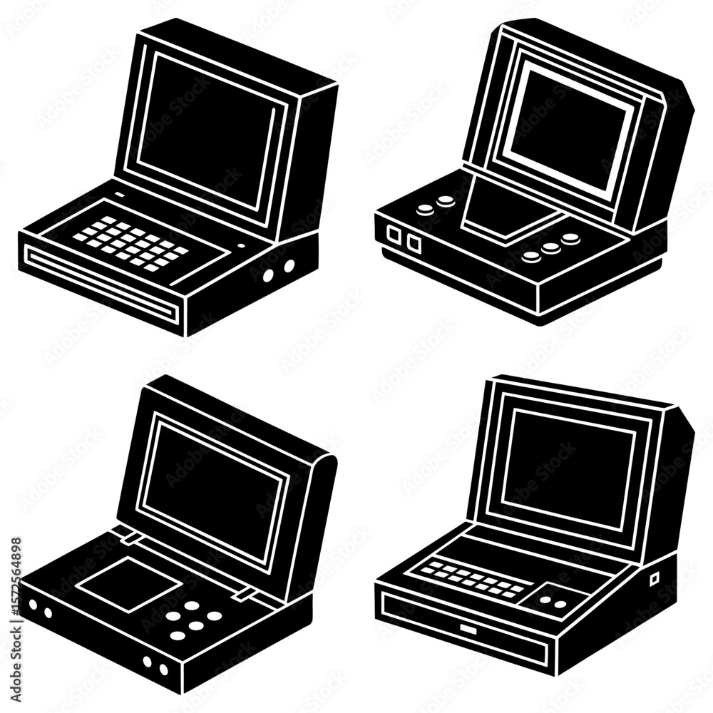Fototapete four isometric black and white illustrations of vintage portable computers with different keyboard s