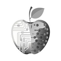 Digital Apple Icon: Circuit Board and Tech Pattern Inside a Fruit Silhouette in Grayscale.