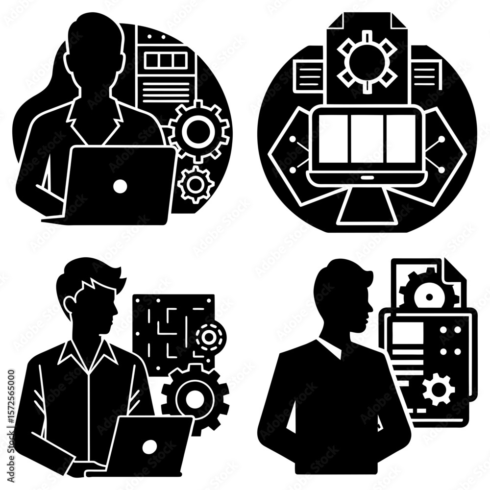 Aufkleber four black and white icons depicting people working on computers with gears and data representations
