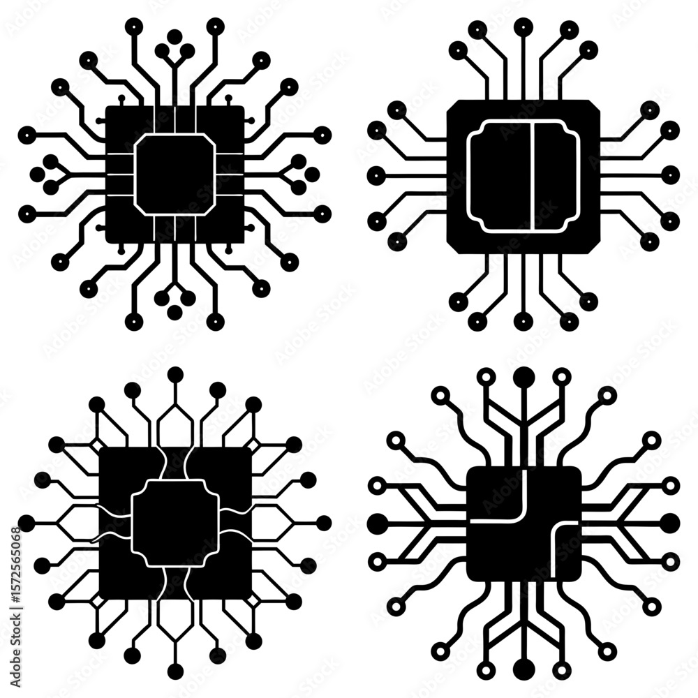Aufkleber four black and white computer chips arranged in a square formation on a white background design elem