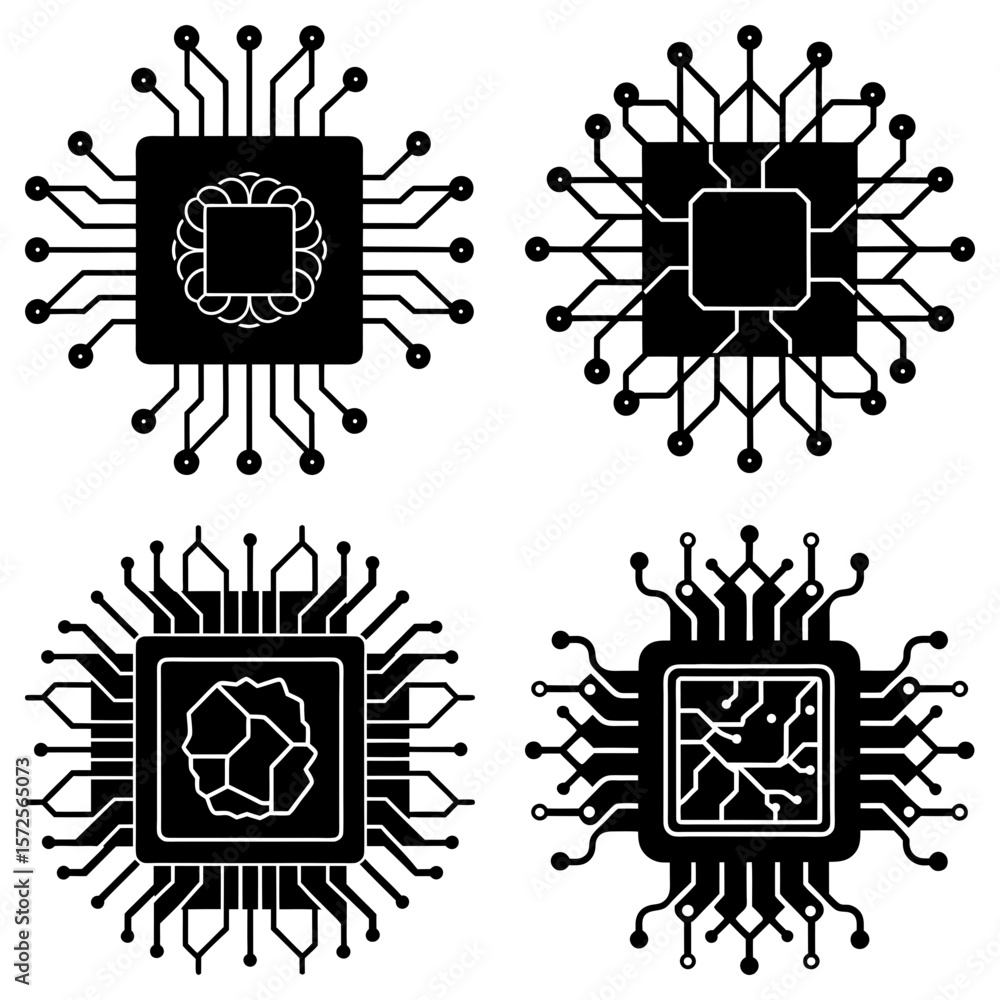 Poster collection of four different black and white computer processor chips with circuit connections desig