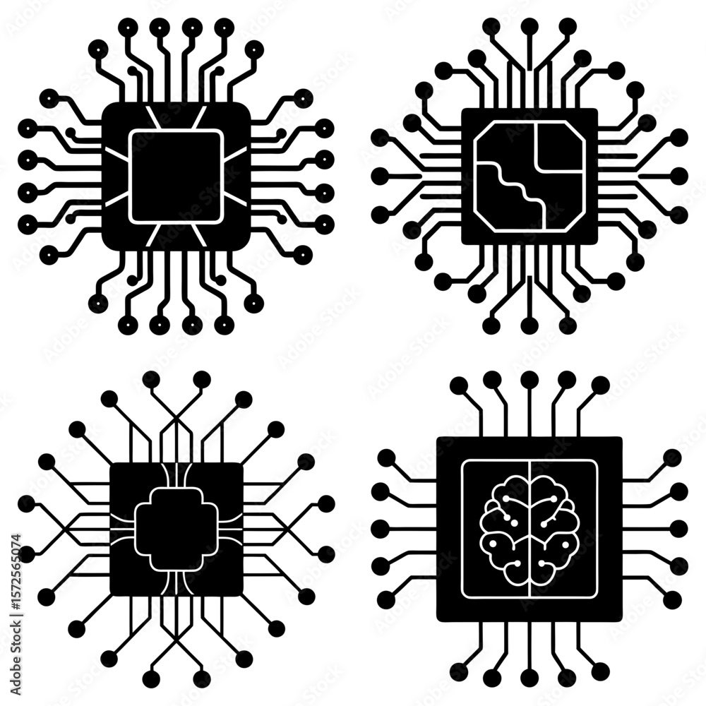 Poster four stylized black and white computer chip icons with different internal designs and circuit connec