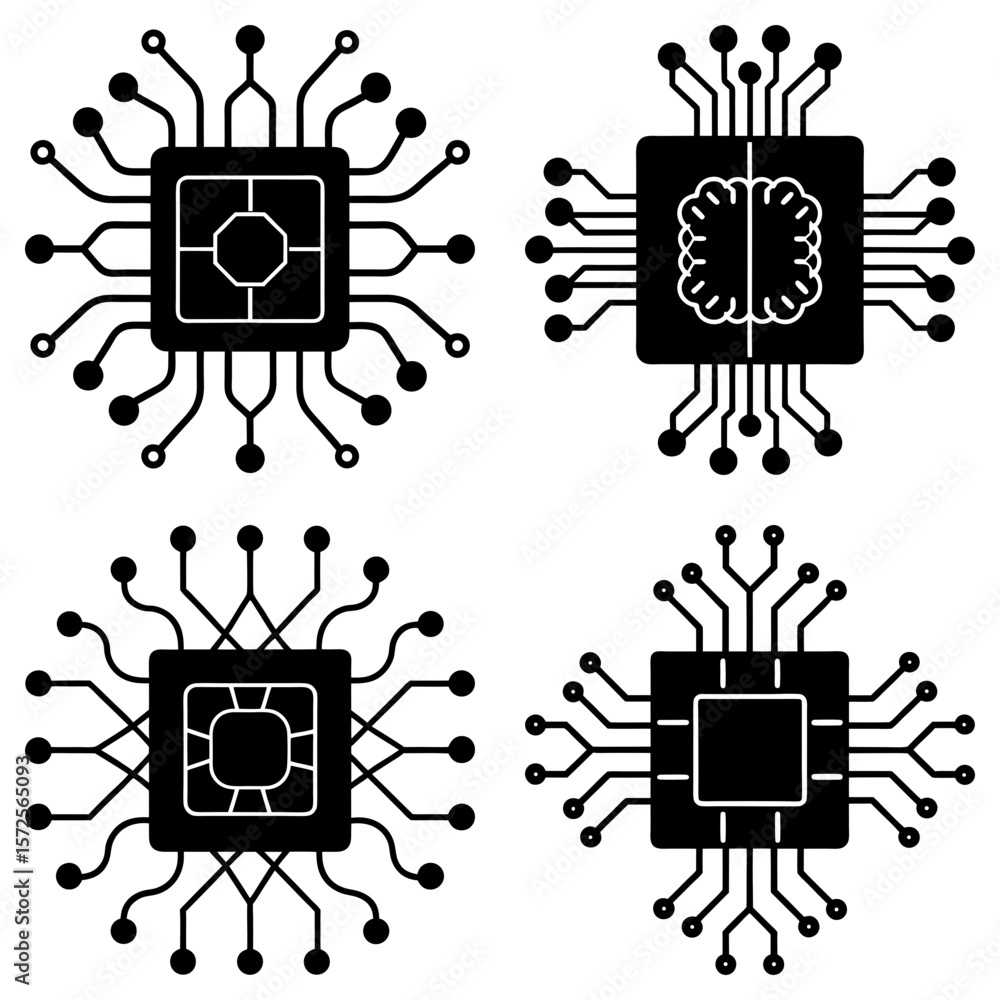 Poster four black and white computer chips with different designs and circuit connections in a square forma
