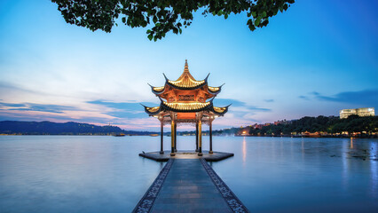 Serene Lakeside Pavilion at Sunset