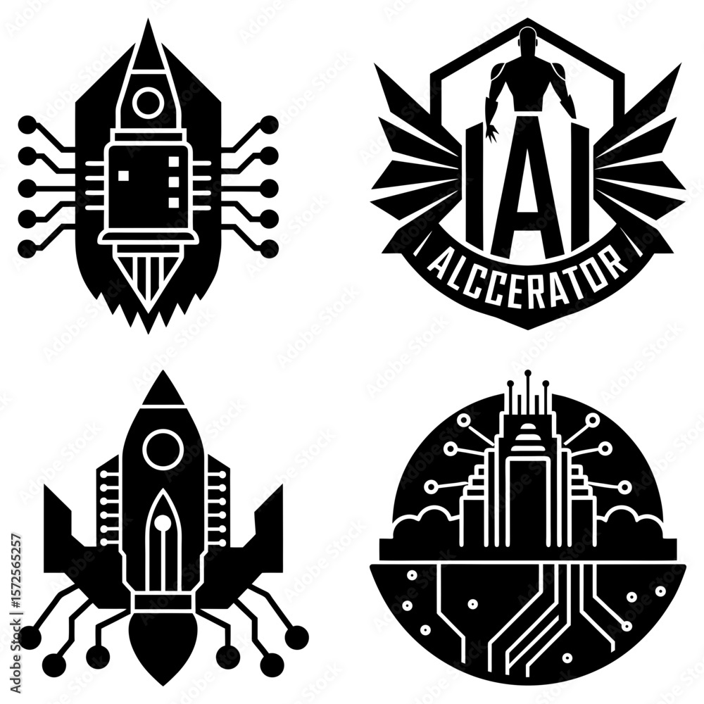 Poster collection of four distinct black and white tech themed logos featuring rockets ai and circuit patte