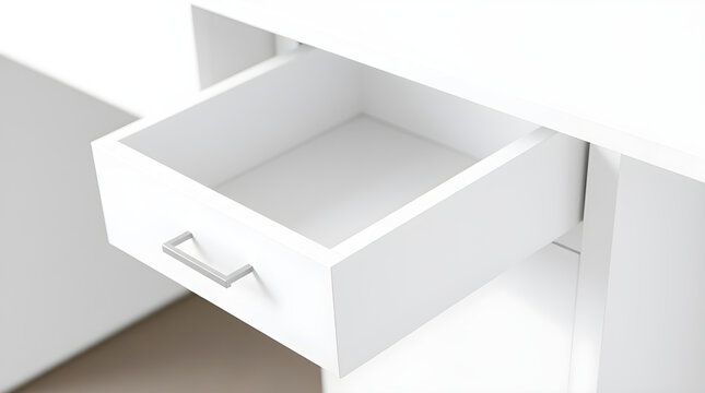Open empty drawer in white modern desk or table
