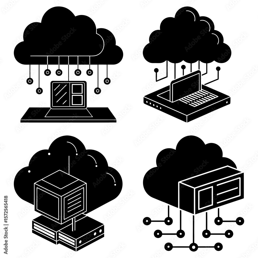 Poster four black cloud computing diagrams with laptops and servers connected to a network in isometric vie