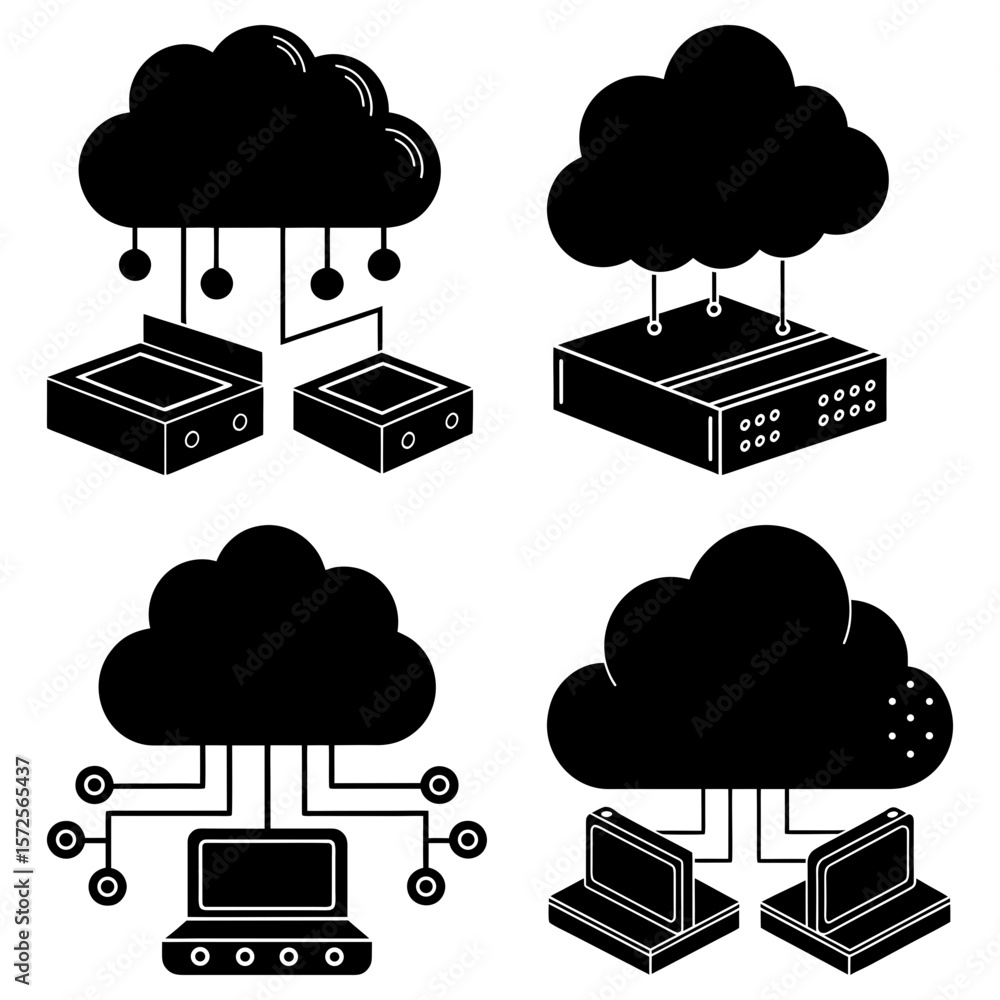 Aufkleber four cloud computing configurations with servers and laptops in a black and white style design