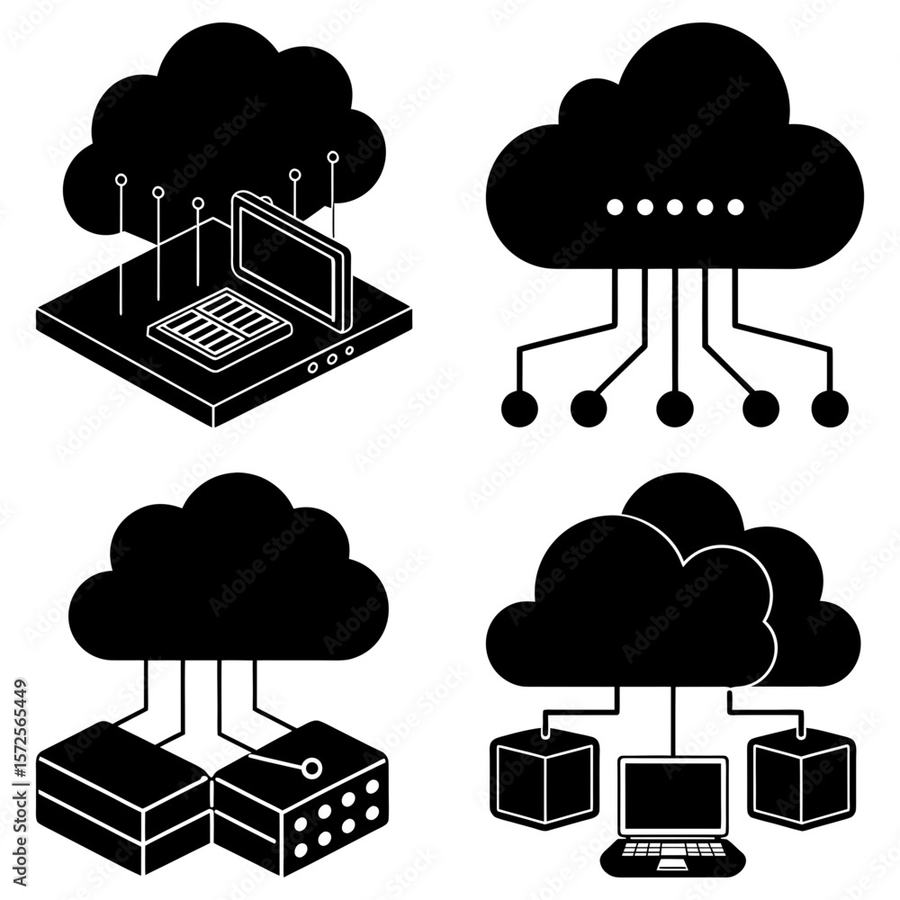 Poster illustration showing cloud computing with various devices connected to a central cloud network syste