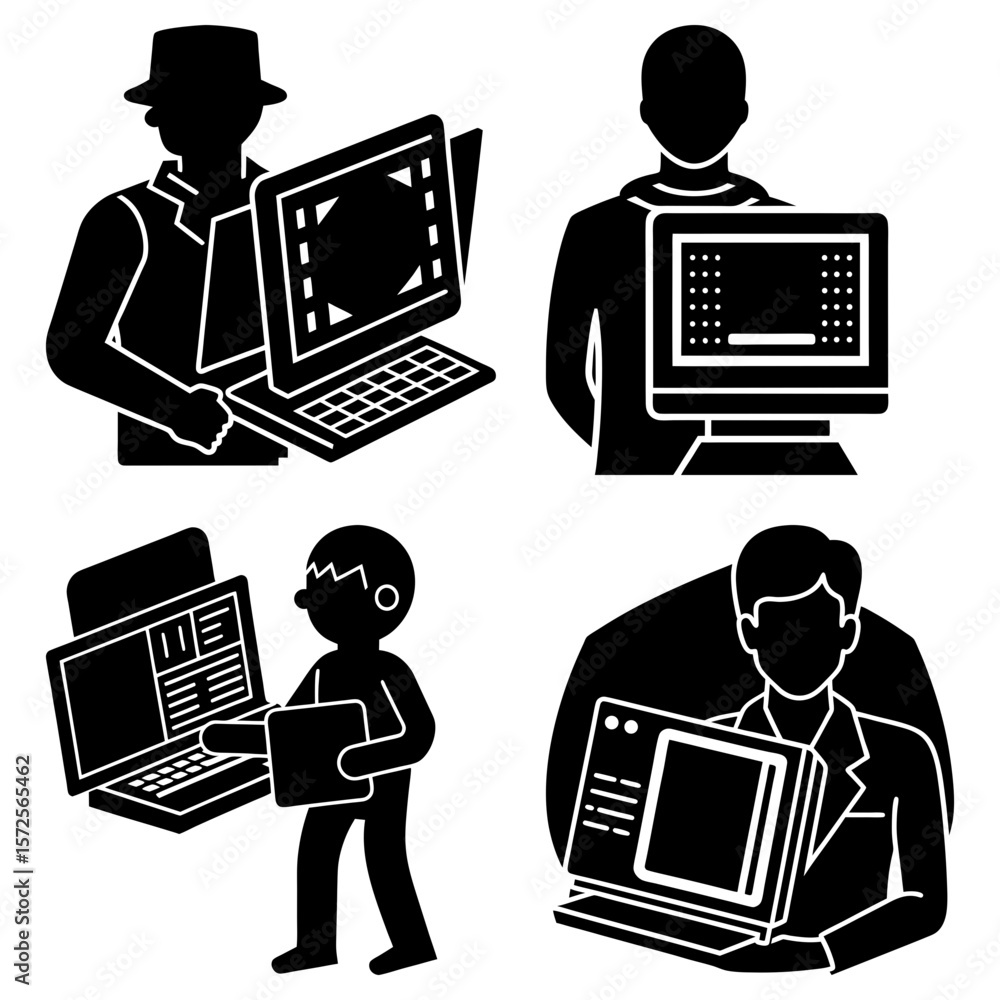 Aufkleber four black and white icons depicting people using different types of computers and laptops devices