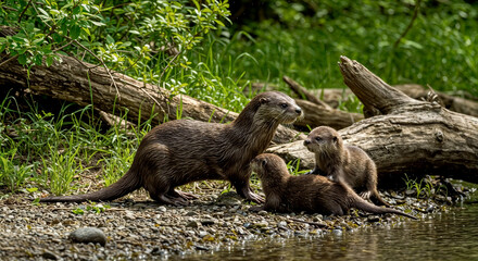 Obraz premium a playful European otter (Lutra lutra) family by the riverbank