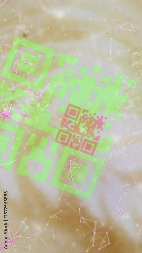Poster animation of dots connecting and forming geometric shape, multicolored qr code over froth of coffee