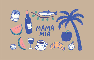 Naklejka premium Whimsical hand drawn collection of italian food and tropical elements with mama mia text