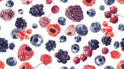 Watercolor Berry Delight: Seamless Pattern of Hand-Painted Fruits on White Canvas