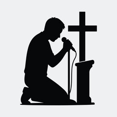 Silhouette man kneeling praying at cross with microphone vector illustration