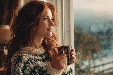 young red haired woman wearing knit sweater drinking hot tea by the window looking at autumn landscape outside