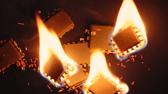 Circuit chips with burning flames.New generation of chips and electronic hardware