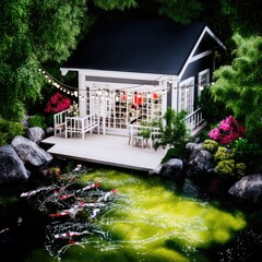 Serene Japanese Teahouse by Koi Pond
