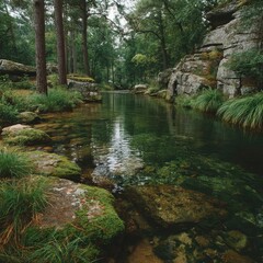 Serene Green Stream Winding Through Mossy Rocks
