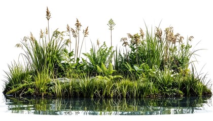 Lush Green Pond Island Plants, Water Reflection - Nature and tranqu.