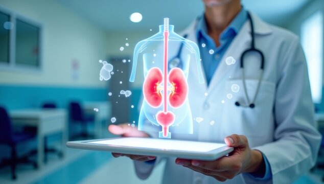 A medical professional holding a digital tablet in a hospital setting uses technology for patient care and health records