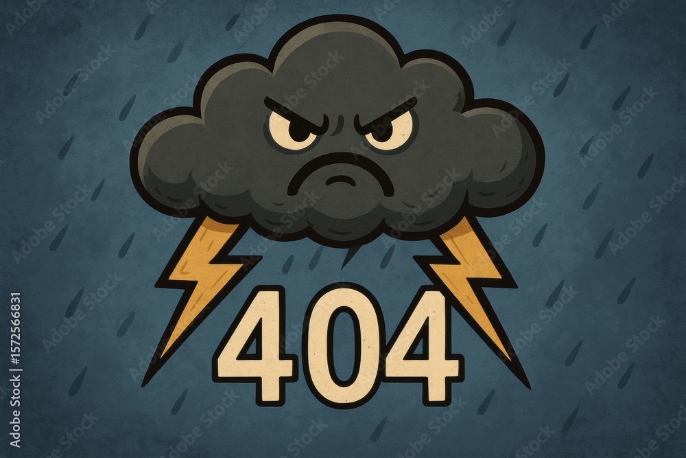 Poster dark storm cloud with angry expression and lightning bolts illustrating error 404 concept on texture