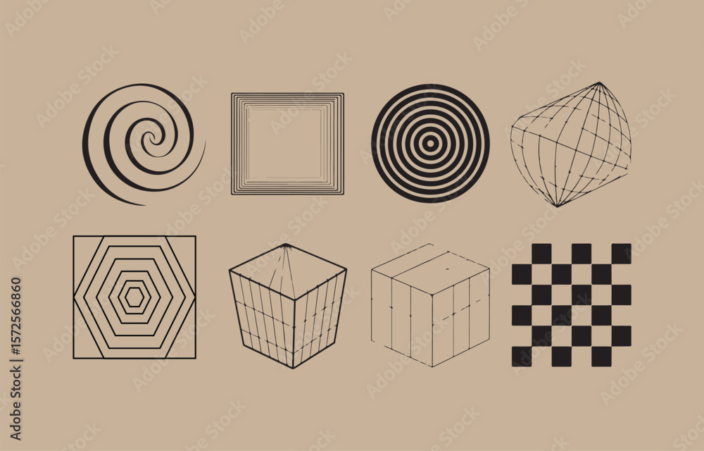 Aufkleber collection of geometric shapes and forms including a spiral squares circles and cubes on a neutral b