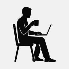 Silhouette man working on laptop holding coffee mug vector illustration