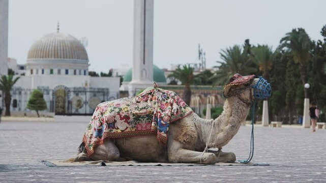 Decorated camel resting in front of Mausoleum Habib Bourguiba in Monastir, Tunisia