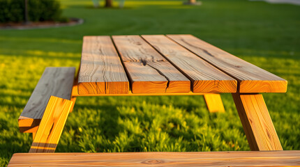 Fototapeta premium Sunlit wooden picnic table on lush green lawn