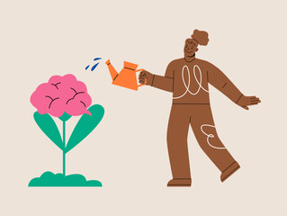 Self improvement concept. Woman hold a watering can in his hand and waters a plant growing from his brain. Colorful vector illustration