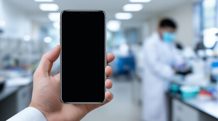 Gloved hand holding a smartphone with blank screen in a modern scientific laboratory environment.
