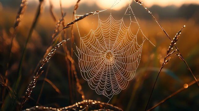 Spiderweb covered in dew drops at golden hour