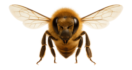 Adult honeybee with golden-brown body and translucent wings