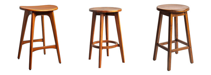 Set of classic wooden bar stools with round shape isolated on transparent background. PNG